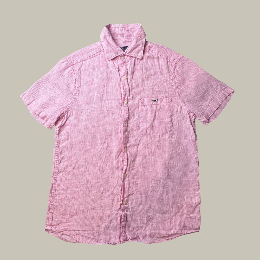 Vineyard Vines Shirt Mens S 1W011792 Short Sleeve Pink Linen Striped Button Down